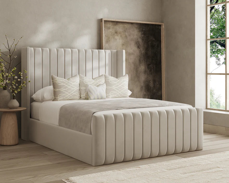 Dora Lined Wingback Bed Frame – Luxury Upholstered Bed in Multiple Sizes & Fabrics