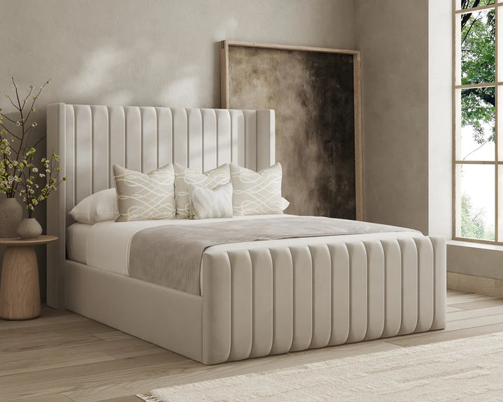 Dora Lined Wingback Bed Frame – Luxury Upholstered Bed in Multiple Sizes & Fabrics