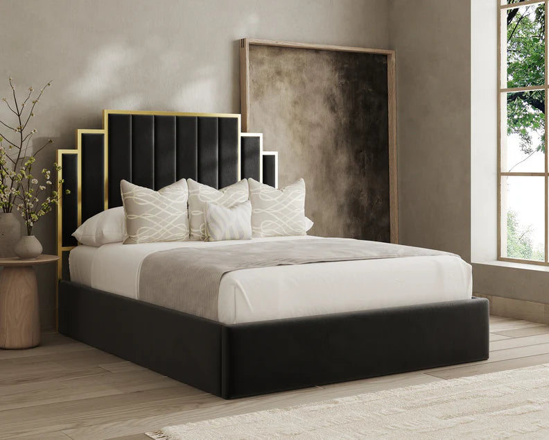Art Décor Golden Strip Tower Bed Frame – Luxury Modern Design in Multiple Sizes & Fabrics