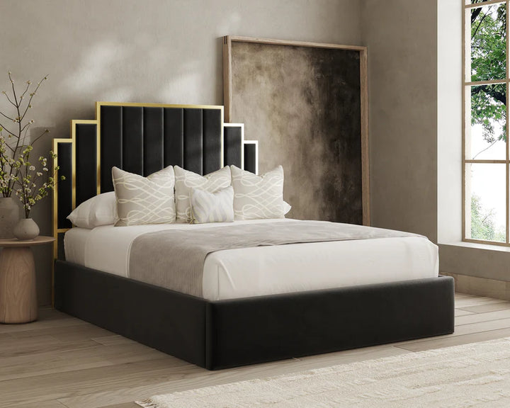 Art Décor Golden Strip Tower Bed Frame – Luxury Modern Design in Multiple Sizes & Fabrics