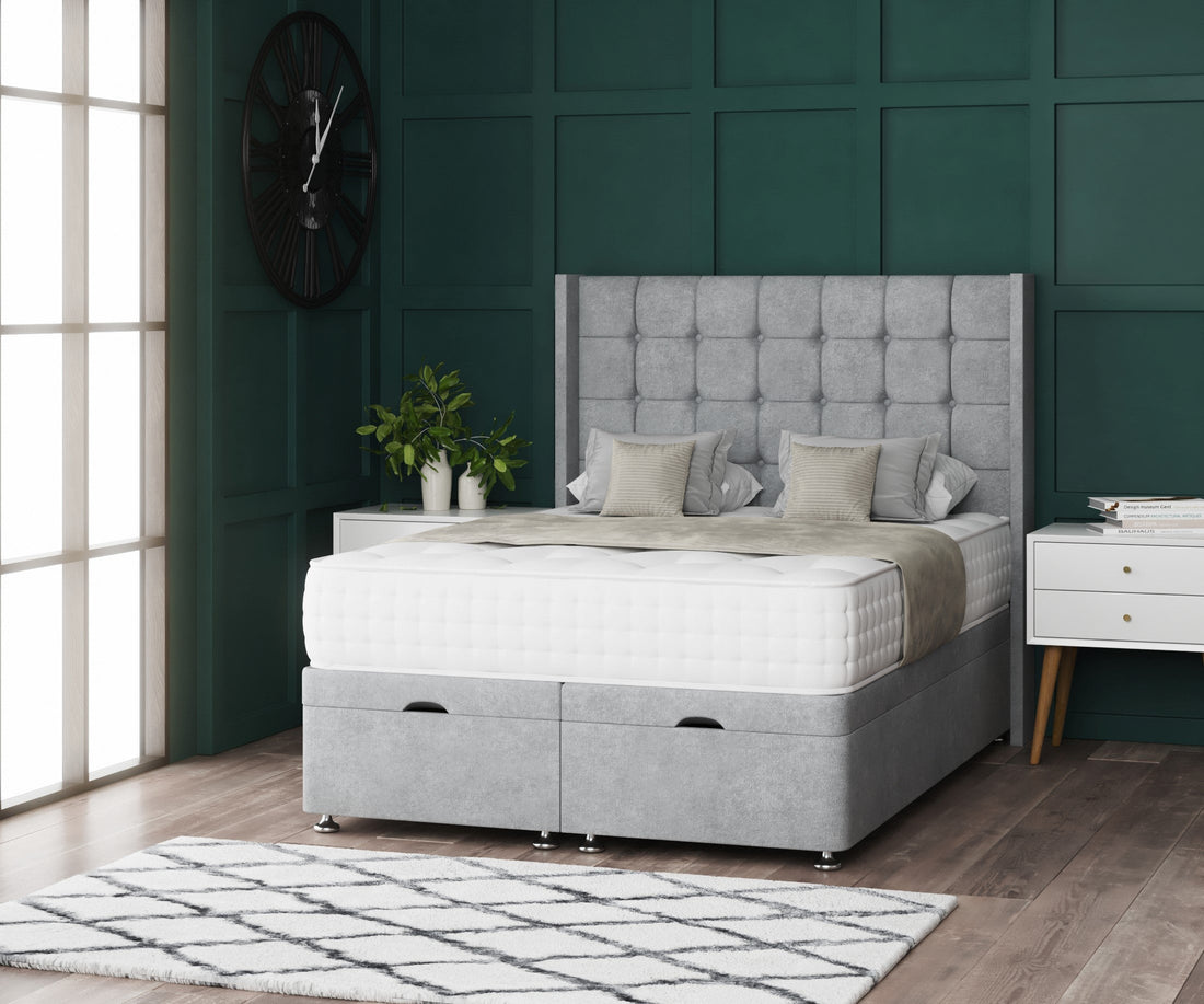 Omega Ottoman Storage Divan Bed With Floor Standing Wing Headboard