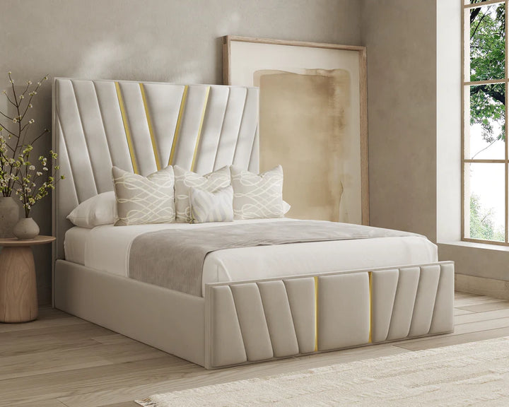Vanessa Gold Strip Bed Frame – Luxury Upholstered Bed in Multiple Sizes & Fabrics
