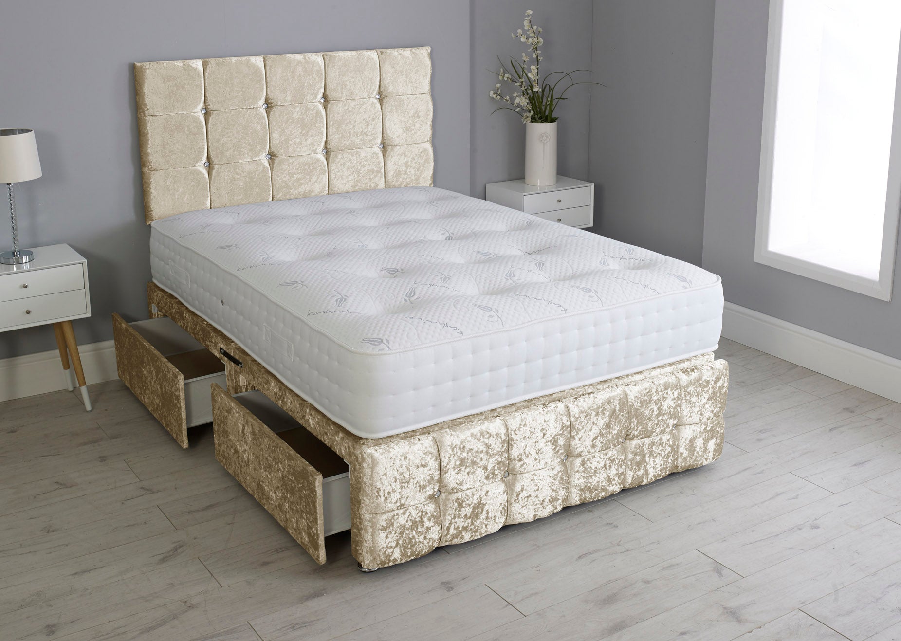 Cuboid Cube Divan Bed Set With Footboard And Pocket Mattress And Headboard