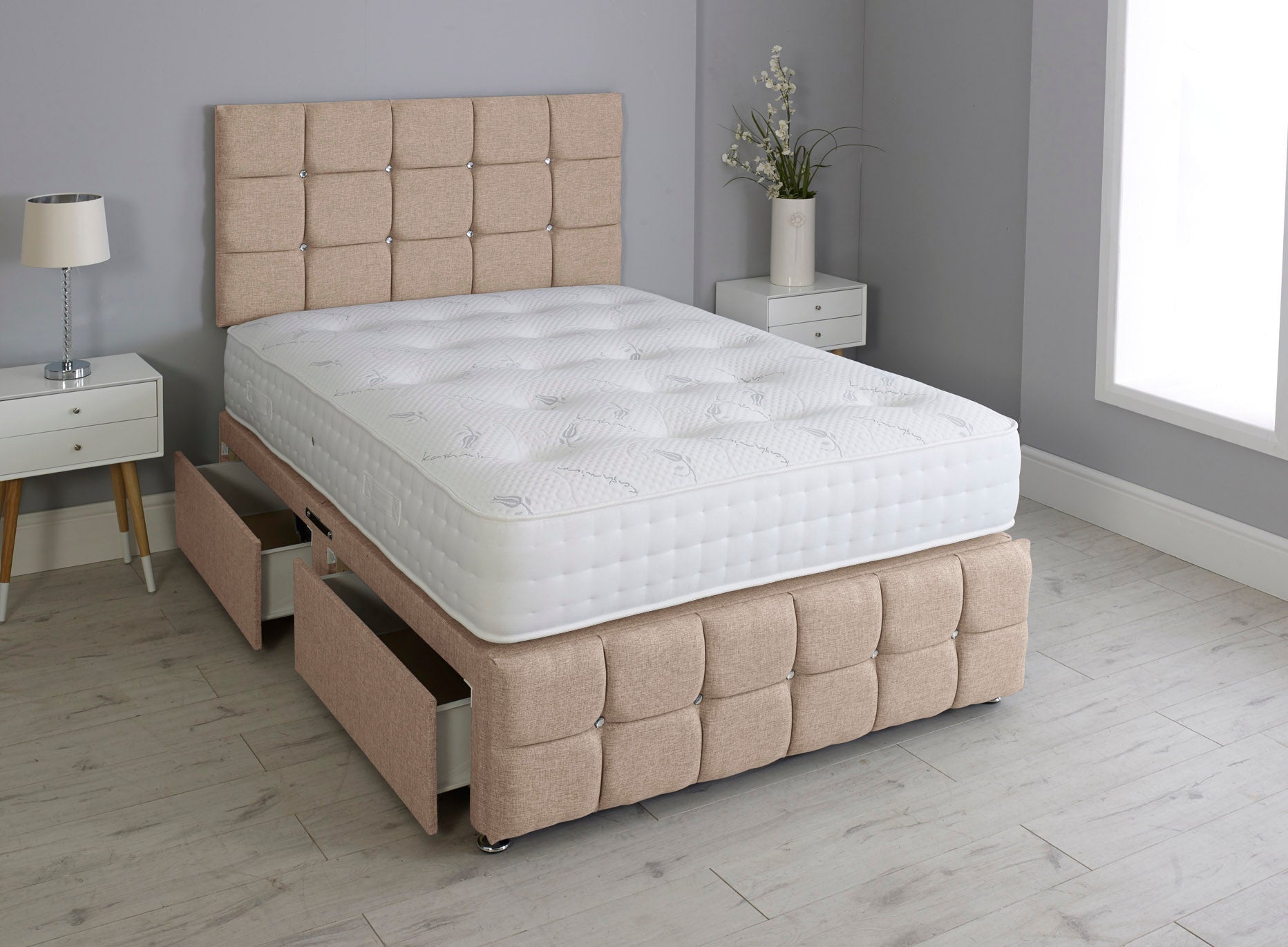 Cuboid Cube Divan Bed Set With Footboard And Pocket Mattress And Headboard