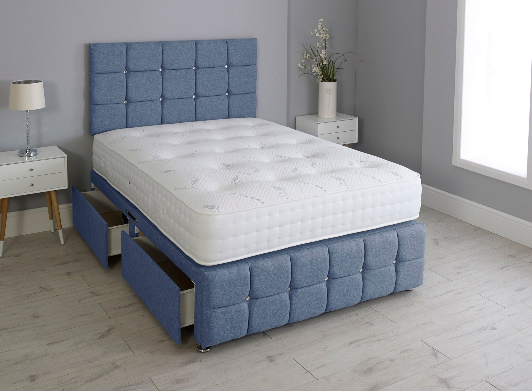 Cuboid Cube Divan Bed Set With Footboard And Pocket Mattress And Headboard