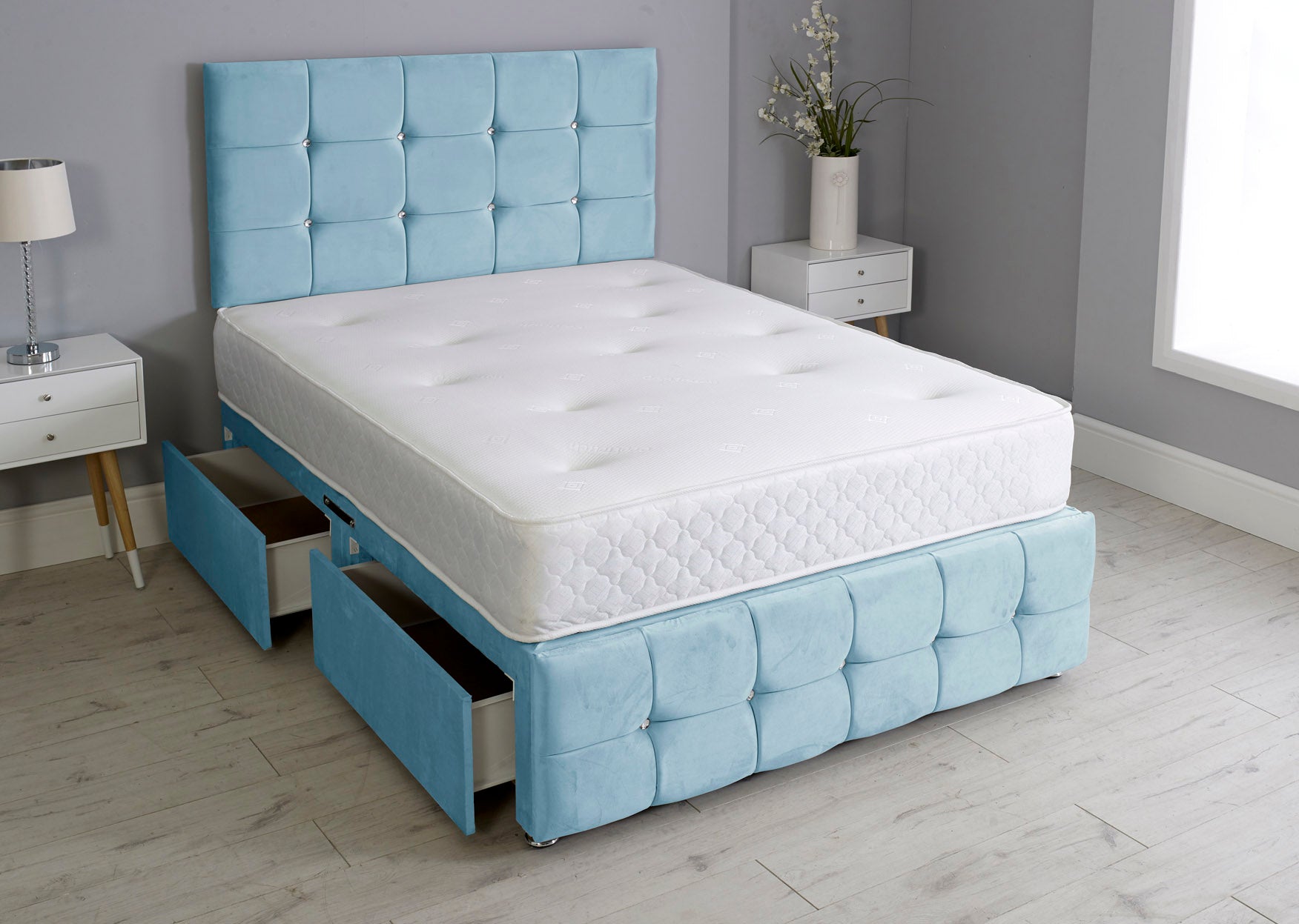 Cuboid Cube Divan Bed Set With Footboard And Memory Orthopaedic Mattress