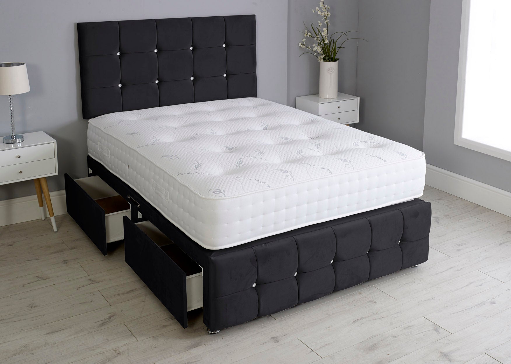 Cuboid Cube Divan Bed Set With Footboard And Pocket Mattress And Headboard