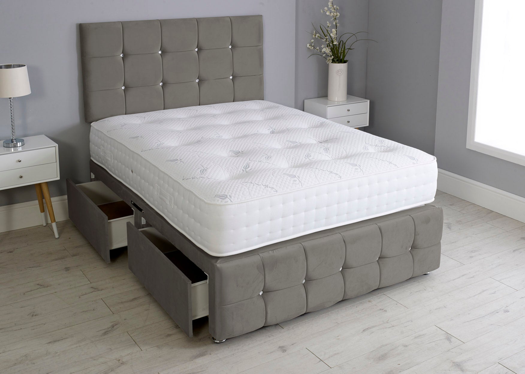 Cuboid Cube Divan Bed Set With Footboard And Pocket Mattress And Headboard