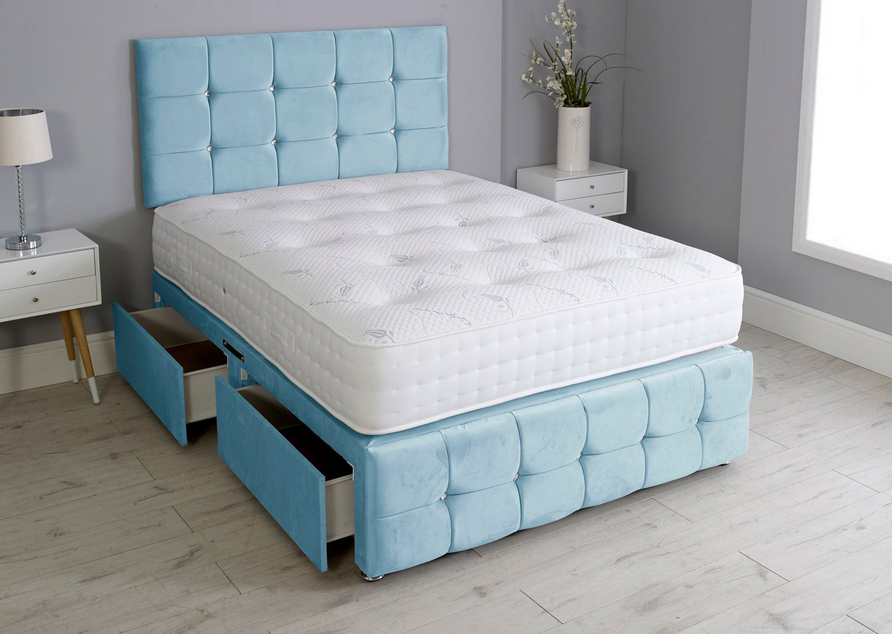 Cuboid Cube Divan Bed Set With Footboard And Pocket Mattress And Headboard